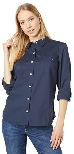 Tommy Hilfiger Damen Solid Button Kragen Hemd mit verstellbaren Ärmeln, Sky Captain, Medium, Kapitän des Himmels (Sky Captain), Mittel