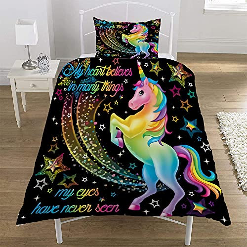 MUSOLEI Unicorn Bedding Set Kids Unicorn Single Duvet Cover and Pillowcase Children's Bedding Set Girls and Pillowcase Zipper Bed Cover Quilt Cover Gift (Black, Single)