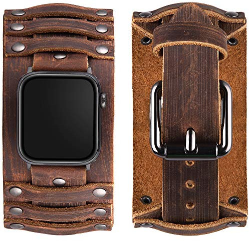VIQIV Bracelet manchette en cuir compatible avec Apple Watch 42 mm, 44 mm, montres de sport pour homme et femme, bracelet de rechange rétro unisexe pour iWatch Series SE 6/5/4/3/2/1, marron, Fit