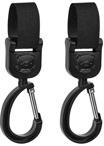 2 Stück Kinderwagen Haken Karabinerhaken mit Befestigungsband 360° Drehbar Taschenhalter für Kinderwagen Schwerlast Klettverschluss Haken Universal Kinderwagen Karabiner für Wickeltasche Rucksäcken
