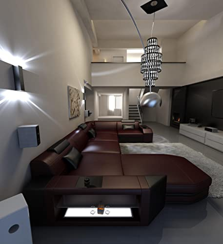 Wohnlandschaft Presto Ledersofa U Form Sofa - mit LED Beleuchtung, verstellbare Kopfstützen, Recamiere/Lederfarben wählbar/Ausrichtung wählbar (Ottomane Links, Weinrot-Schwarz)
