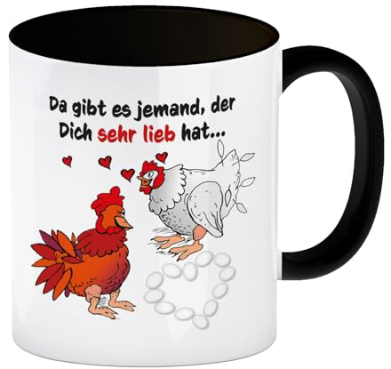 speecheese Da gibt es jemand, der dich sehr lieb hat Kaffeebecher Schwarz mit Hühnern