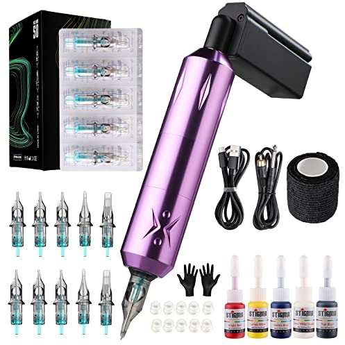 STIGMA Set di macchine per tatuaggi senza fili, set completo con 50 cartucce, aghi per tatuaggi e senza fili, per principianti e artisti (viola)