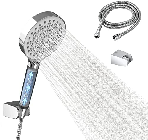 EMKE Pommeau de douche à économie d'eau avec filtre, tuyau de 1,5 m et support, 6 types de jets, augmente la pression, noir chromé