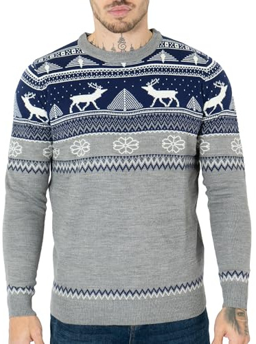 NOROZE Men's Merry Christmas Mock Zip Nordic Style Reindeer Moose Stag Funnel Crew Neck Festive Christmas Xmas Jumper (S, Navy)