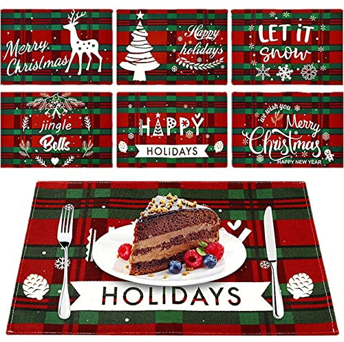 Sadodo 6PCS Place Mats Christmas Decorative Table Mats, Washable Fabric Anti-slip Dining Table Mats with Santa Claus, Reindeer, Xmas Tree Pattern,Waterproof (Green Red Grids)30cm*45cm