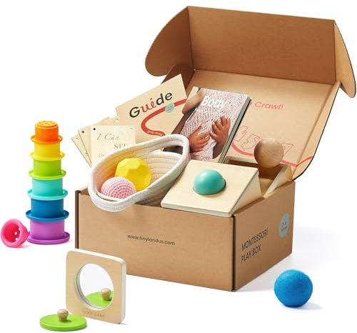 Tiny Land Montessori - Juego de juguetes para bebés de 7 a 9 meses, juego de aprendizaje 5 en 1 de madera, con caja permanente de objetos, bola sensorial, vasos apilables y rompecabezas de espejo
