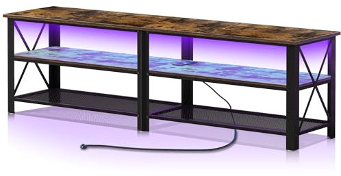 Clikuutory - Moderno soporte de TV de metal de 71 pulgadas con luces LED y tomas de corriente para televisores de 50, 60, 65, 70, 75, 80 pulgadas, 3 niveles con centro