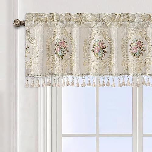 TOPLUXE Cortina Cocina con Borlas para Ventanas, Cortina de Cenefa Floral para Dormitorio Salón Cocina Café 137x46cm (Beige)