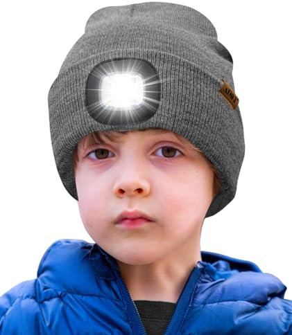 ATNKE Kids LED Beleuchtete Mütze mit Licht,Wiederaufladbare USB 4 LED Laufmütze Extrem Heller Lampe Winter Warme Stricken Mütze Großartig Geschenke für Jungen und Mädchen/Grey