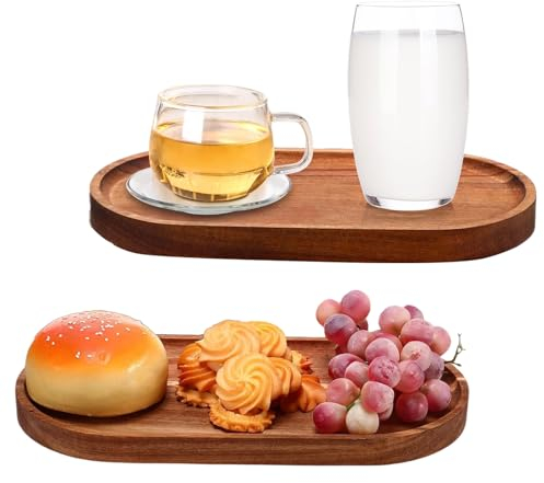 Nizirioo 2 bandejas de madera de acacia: bandeja decorativa con borde elevado, bandeja de servir de madera, ovalada, tabla de madera para cocina, ideal para postres, pasteles, aperitivos, pan, carne,