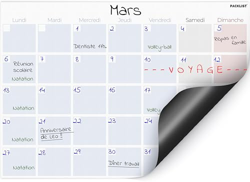 PACKLIST® Magnetischer Monatsplaner Kühlschrank A4 - Kühlschrankkalender auf Französisch - Küchenorganizer für Familie, Menüplaner & Aufgaben - Starke Magnettafel im eleganten Design