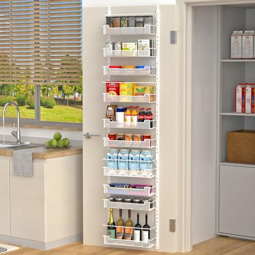 VyGrow Rangement au-dessus de la porte, organiseur de porte à 10 niveaux avec panier réglable pour garde-manger, cuisine, salle de rangement, étagère à épices, blanc