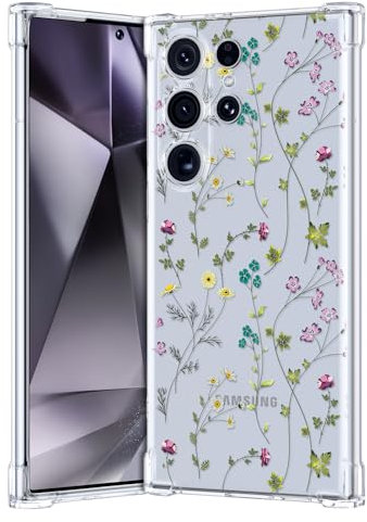 RALEAVO Clear Floral Case Compatible with Samsung Galaxy S24 Ultra 5G, Shockproof Silicone Transparent Case Cover with Cute Flower Protective Bumper Case for Galaxy S24 Ultra-Branches
