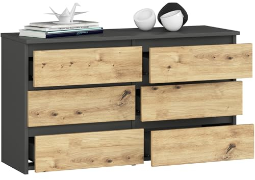 BDW - Kommode mit 6 Schubladen - 100 cm breit, 57 cm hoch - Schrank, Sideboard, Mehrzweck-, Schuhschrank, Schubladenkommode, Aktenschrank - Wohn-, Schlafzimmer, Flur - Grau/Eiche Artisan