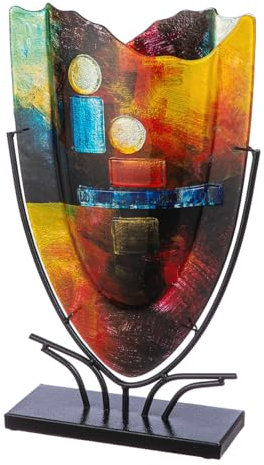 GILDE GLAS art Jarrón Decorativo Grande – jarrón de Cristal Pintado a Mano con Soporte de Metal – Decoración Salón Altura 49 cm Multicolor