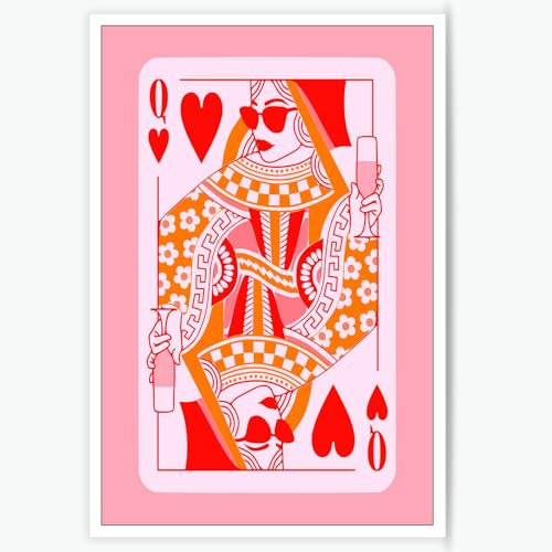 Oulores Leinwandbild, Motiv: rosa Herzkönigin, adrett, rosa-rot, Pokerposter, niedlich, mädchenhafte Drucke, Gemälde, flippige Retro-Kunst, Wanddekoration für Wohnzimmer, Mädchenzimmer, Wohnung, 30,5