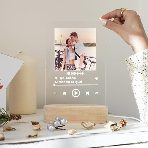 Cristal Plaque Lamparas Personalizadas con Foto Personalizada Spotify - Placa Cancion Spotify con Luz LED – Regalo Original Personalizado para Parejas y Ocasiones Especiales