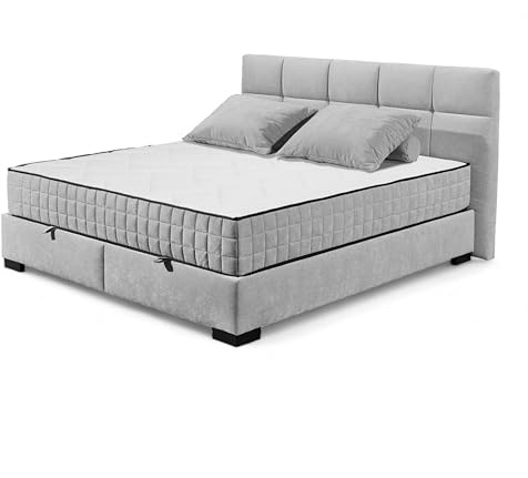 Stella Trading NAGOL A Boxbett 180x200, Silber - Bequemes Doppelbett mit Bettkasten und Premium 9-Zonen-Federkern Wendematratze - 205 x 114 x 214 cm (B/H/T)