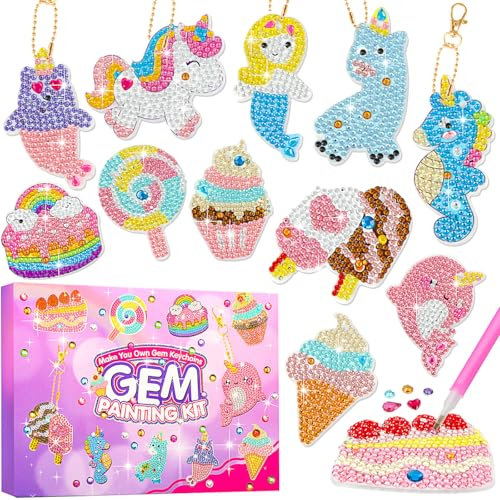 Jovicos Basteln Mädchen 6 7 8 9 10, Basteln Sie Ihre eigenen GEM-Schlüsselanhänger, Einhorn Geschenke Mädchen 6-12 Jahre, 5D Diamond Painting Spielzeug, Kreativset Mädchen Bastelset Kinder ab 6 Jahre