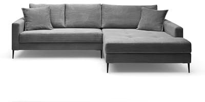 Liadomo Sofa Hilary Graphit, modernes Ecksofa, Cordbezug in Grau, Ottomane rechts, Couch mit hohem Sitzkomfort, pflegeleicht & formstabil, Metallfüße, Sofa in L-Form, Made in Europe