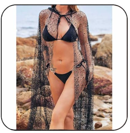 Latious Schwarzer Kapuzenumhang Langer Halloween-Kostüm-Umhang Cosplay Spinnennetz Robe Cover Up für Damen, Schwarz, Einheitsgröße