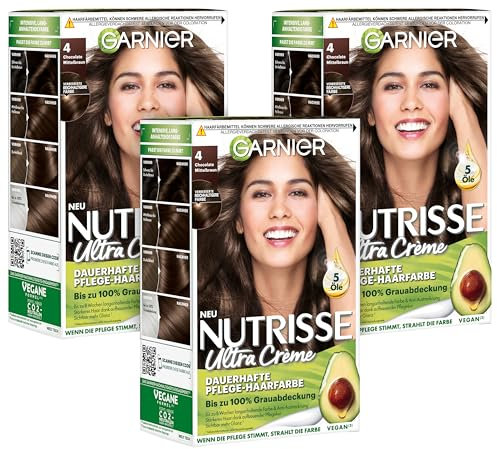 Garnier Nutrisse Dauerhafte Pflege-Haarfarbe mit nährenden Fruchtölen, Coloration mit 8 Wochen Halt, Ultra Crème Tönung, 040 Chocolate, 3er Pack