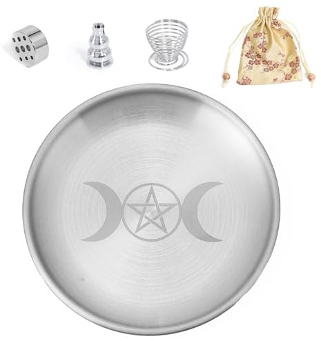 BEYLAB Triple Goddess Brass 5 en 1 Porta-inciensos con Bolsa de Almacenamiento Cuenco Incienso de 14 cm para Cualquier, Varillas Incienso, Soporte Palo Santo, Salvia Blanca, Conos Incienso - Plata