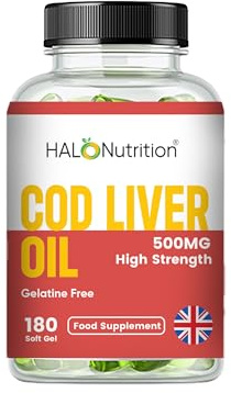 HALO Nutrition Cod Liver Oil 500 mg 180 Softgel Capsules (Providing Omega-3, with Vitamins A and D, for The Normal Function of The Immune System, 6 Month Supply, Made in The UK