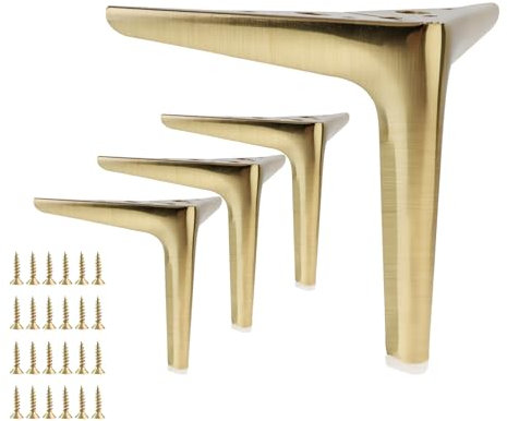 HOJLKLD 4pcs 6 Inch Antique Brass Brushed Gold Furniture Legs for Sofa Legs/Cabinet Legs/Table Legs with 16pcs Screws, DIY Replacement Galvanized Iron Metal Legs (Gold)