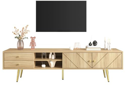 TV Schrank 160 cm, Moderner TV Lowboard mit 2 Türen, 2 Schubladen und 2 Fächern, Fernsehtisch mit Graviertes Liniendesign, Fernsehschrank Nordischer Stil, für Fernseher bis zu 65 Zoll, Holzfarbe