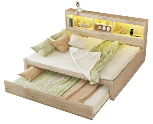 Schlafsofa, Tagesbett, Funktionsbett, mit Ausziehbett und Roller, mit LED, mit USB-Ladeanschluss, mit Ablage und offenem Stauraum, Einzelbett Jugendbett für Kinder und Erwachsene (Natur, 140 x 200)