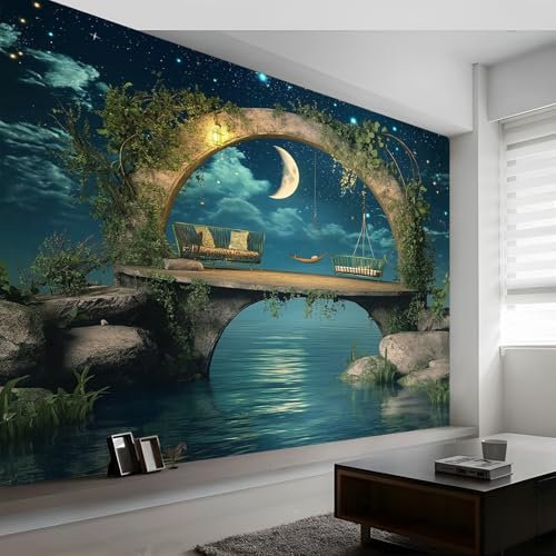 Fototapete Fantasy Nacht Ruhe Blau Gold 400 X 280 Cm(Wxh) Panorama-Wandbild Für Wohnzimmer Und Kinderzimmer | 3D-Effekt Vliestapete Mit Uv-Beständigkeit - Premium Wanddeko & Tapete
