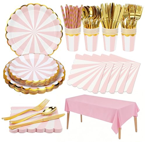 DIYJEP 161 Pcs Party Tableware Set, Sparkling Papers Dinnerware Kit(Pink) | Sturdy Plastic, Includes Plates, Cups, Cutlery, Napkins, Straws, Tablecloth, Pink Party Supplies for Birthday, Picnic