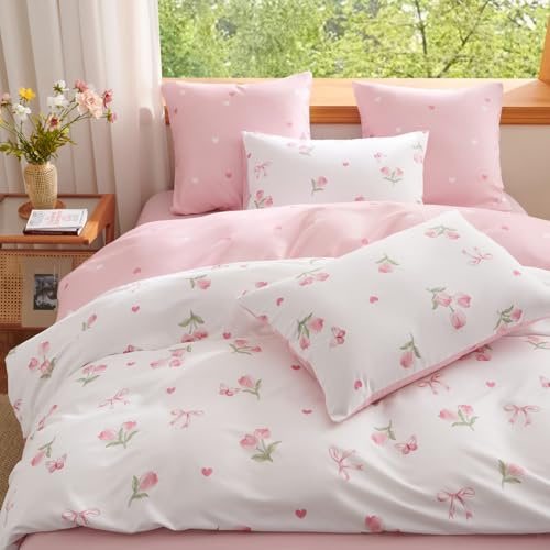 Tospass Mädchen Bettwäsche 155x220 Weiß Rosa Tulpen Blumen Bettwäsche Set | Aesthetic Wendebettwäsche, 2teilig Kinder, Microfaser ÖKO-TEX Bettbezug mit Reißverschluss und 1 Kissenbezug 80x80cm