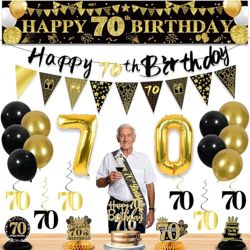 27pcs 70th Birthday Decorations for Men, Black Gold 70th Party Decorations, Happy 70th Birthday Banner Honeycomb Table Hanging Swirls and Balloons Cake Topper, 70 Years Old Bday Decorations