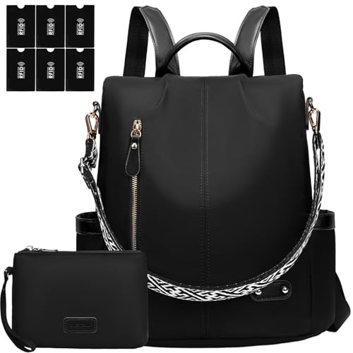 ONETOALL Rucksack Damen Klein Diebstahlsicher mit 6 RFID Blocker Schutzhüllen, Cityrucksack Damen Elegant, Damenrucksack Handtasche Modern, für Städtetrip Alltag Unterwegs Schwarz Nylon