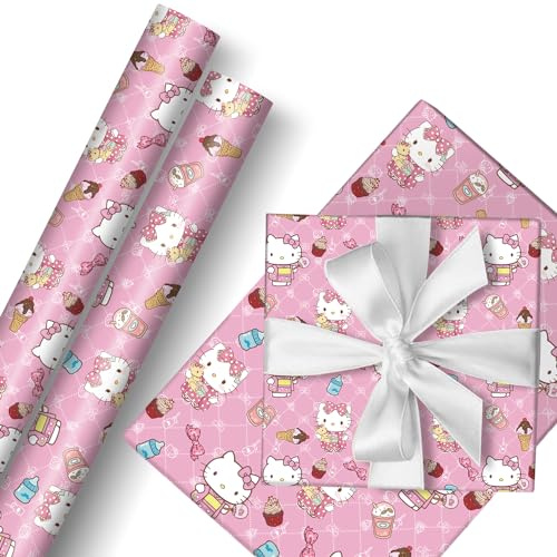 HOOKTA Kitty Geschenkpapier 2 Rollen 43 cm x 3 m Langlebig Geschenkpapier Pack für Kindergeburtstag, Party Aufbewahrung Festliche Dekoration (Rosa)