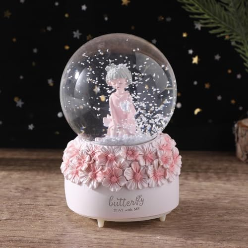 Boîte à Musique de Boule de Cristal avec LED Veilleuse Boule de Neige Musicale Forme Château Décoration Boule de Verre Neiger Automatique Jouets Cadeau Enfant Noël Anniversaire (Fleur Fille Rose)