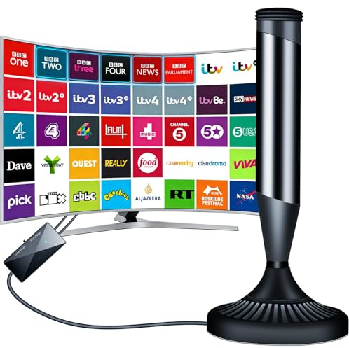 TV Aerial Indoor, Freeview Indoor Aerial for Smart Tv with Long Range, Tv Antenna Indoor with 360° Reception & Magnetic Base, Support VHF/UHF/DAB Radio/4K/1080P, Suit for All TVs(Black)