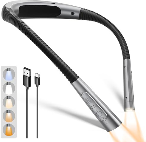 Glocusent Leselampe Hals, 5 Farben, 5 Helligkeitsstufen, Augenschonend | 100 Stunden, USB-C wiederaufladbar, Memory-Funktion, flexibel einstellbar, für Leser, Stricker und Camper (Grau)