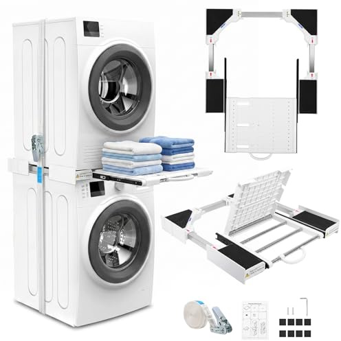 Kit de Superposition Universel 42–73 cm pour Lave-Linge | Sèche-Linge Cadre Plateau à Couvercle Rabattable et Barre Porte-Serviettes Escamotable pour Buanderie et Petits Appartements