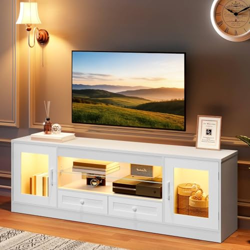 Dripex 148CM Modern LED TV Stand Cabinet Fits 55/60/65 Inch TVs with RGB Lights & Drawers for PS5, Entertainment Center for Living Room Bedroom White
