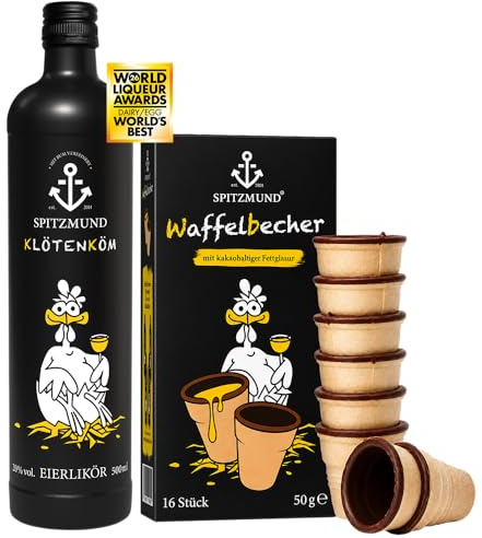 SPITZMUND Klötenköm Set mit Waffelbecher | Cremiger Eierlikör mit Vanille & jamaikanischem Rum |essbare Waffelbecher mit kakaohaltiger Glasur | Geschenkset | 20% vol. | 500ml