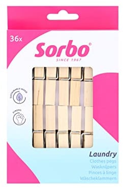 Sorbo Birchwood Wooden Pegs, 36 Pack, Non-Splinter, Suitable for Indoor and Outdoor Use, 7 Coil Spring, Extra Strong and Durable, Brown