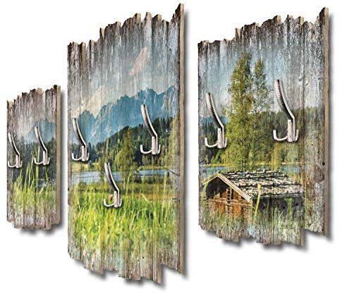 Kreative Feder 3-teilige Designer Wandgarderobe Alpenseepanorama - Flurgarderobe Wandpaneele Größe 95x60cm aus MDF (Alpensee-Panorama)