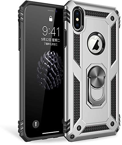 NALIA Ring Case compatible with iPhone X XS, Shockproof Kickstand Cover for Magnetic Car Mount, 360 Degree Rotating Finger Holder, Protective Hardcase & Silicone Bumper Protector Skin, Color:Silver