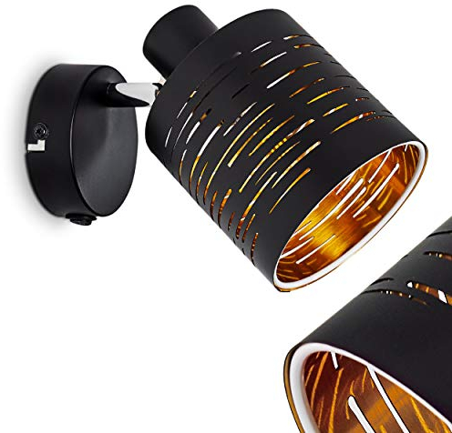 Wandleuchte Bathinda, verstellbare Wandlampe aus Metall/Kunststoff in Schwarz/Gold, 1-flammig, 1 x E14, Retro/Vintage Wandspot in Gitter-Optik mit An-/Ausschalter am Gehäuse, ohne Leuchtmittel