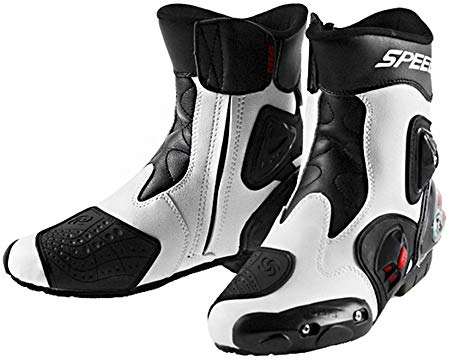 MRDEAR Stivali da Motocross Uomo, Sfiato Regolabile, Stivali da Moto Idrorepellente in Pelle Stivali da Motociclista Impermeabile, 3 Colori (44 EU,Bianca)