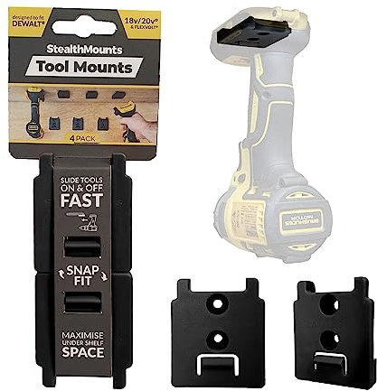StealthMounts Tool Mounts for Dewalt 18v XR | Cordless Tool Holders for Dewalt 18v XR Tools | 4 Pack | Black Dewalt 18v XR Tool Organisers